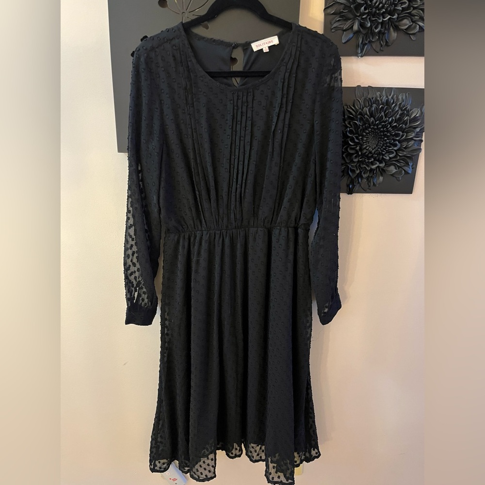 Solitaire Swiss dot black fully lined body,long sleeve dress.